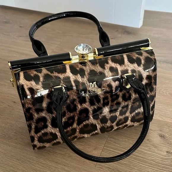 Amazon Leopard Print Satchel with Black and Gold Accents - Picture 2 of 6